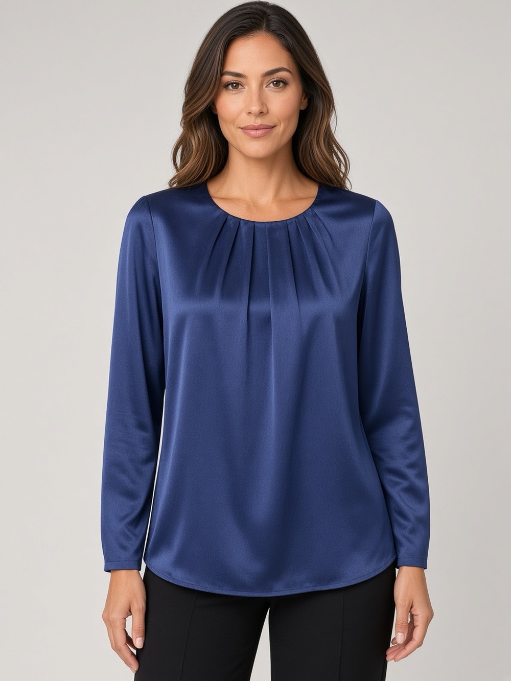 Satin Pleat-Front Long-Sleeve Blouse
